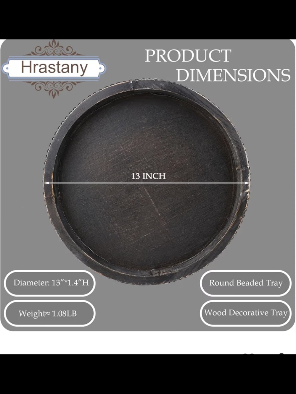 Hrastany Round Beaded Wood Tray - Dark Brown